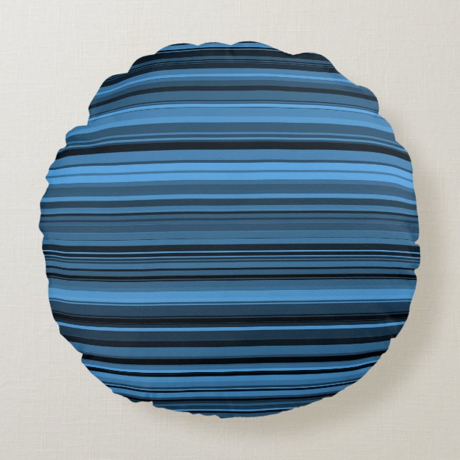 Blue Black Stripes Round Pillow (Front)