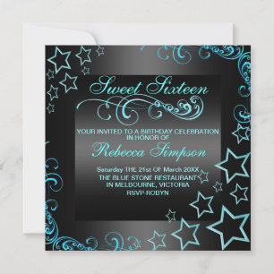 Blue/Black Sweet16 Star & Swirl Birthday Invite