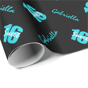 Blue Black Sweet 16 Personalized Wrapping Paper