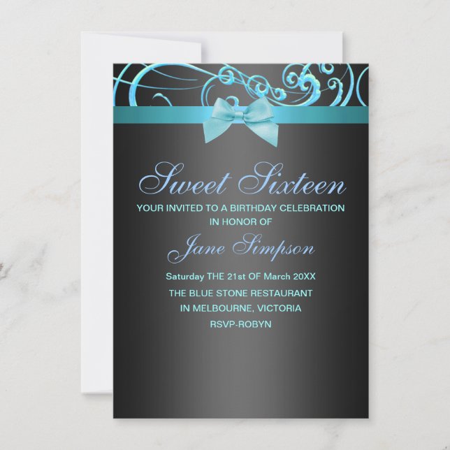 Blue/Black Swirl & Bow Sweet 16 Birthday Invite (Front)