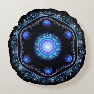 Blue Black Teal Shining Lace Boho Fractal Mandala Round Pillow