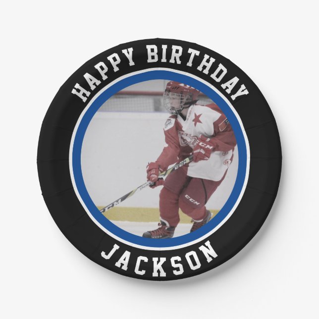 Blue Black Team Colours | Ice Hockey Birthday Part Paper Plate (Front)
