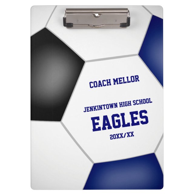 blue black team colours personalized soccer coach clipboard (Front)