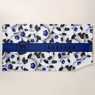 Blue black team colours soccer balls pattern beach towel