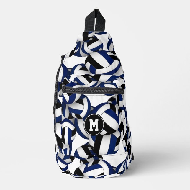 blue black team colours volleyballs monogrammed sling bag (Front)