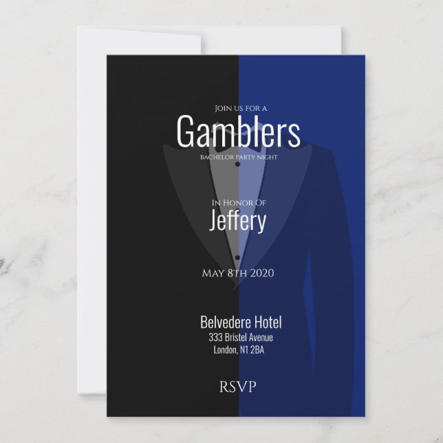 Blue black tuxedo bachelor party save the date (Front)