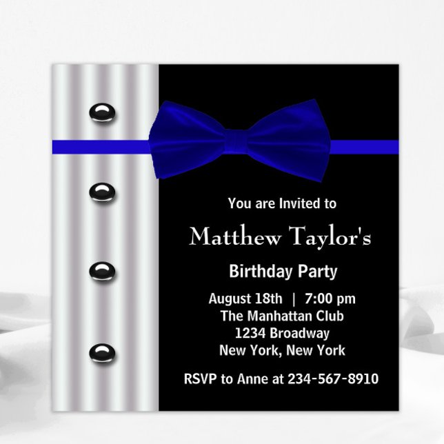 Blue Black Tuxedo Bow Tie Mens Birthday Party Invitation (Black white tuxedo blue bowtie any occasion and birthday party invitation. All text can be changed.)