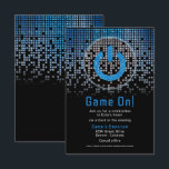 Blue Black Video Game Gamer Bar Mitzvah  Enclosure Card<br><div class="desc">Blue, black, and grey (grey) raining pixel gamer or video game Bar Mitzvah reception party insert card. This non-traditional gamer inspired video gaming design features a video game console power on button. There are also blue and grey (grey) raining or cascading digital style computer pixels along the top of the...</div>