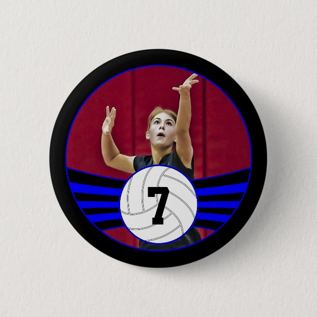 Blue & Black Volleyball Photo and Jersey Number 2 Inch Round Button (Front)