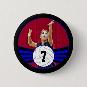 Blue & Black Volleyball Photo and Jersey Number 2 Inch Round Button