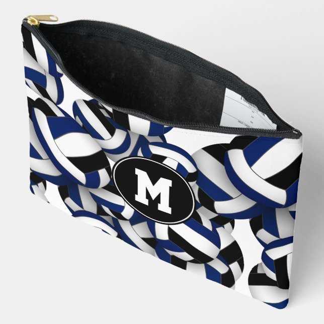 blue black volleyballs pattern monogrammed accessory pouch (Open)