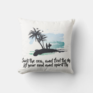 Blue Black Watercolor palm tree, bird ocean Summer Throw Pillow