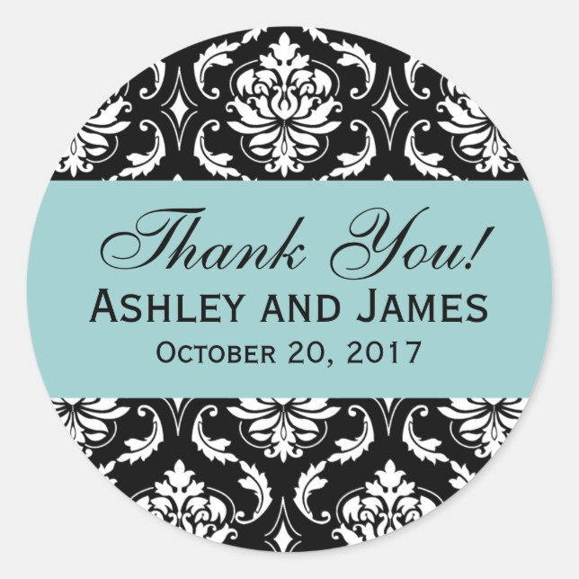 Blue, Black Wedding Damask Thank You Label (Front)