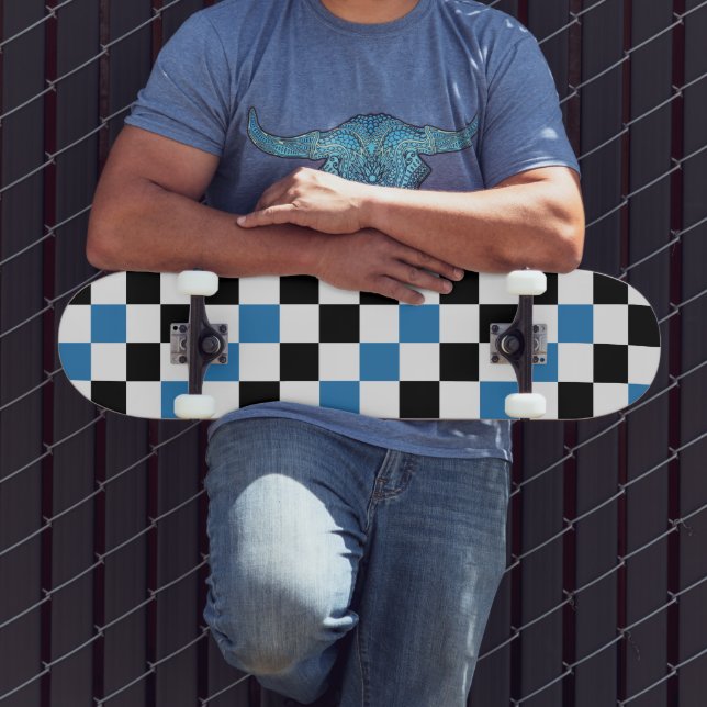 Blue Black White Chequered Pattern Design  Skateboard (Outdoor 3)