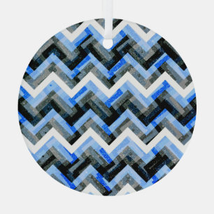 Blue Black White Chevron Textured Glass Ornament