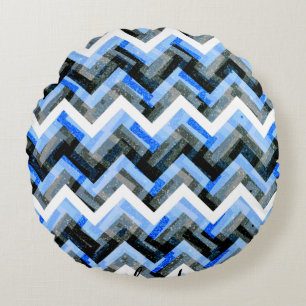 Blue Black White Chevron Textured Round Pillow