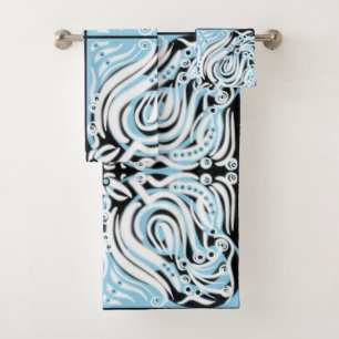 Blue Black White Curly Abstract Pattern  Bath Towel Set