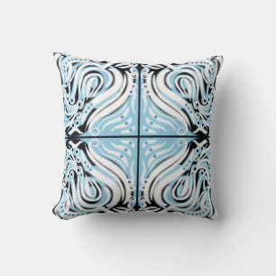 Blue Black White Curly Abstract Pattern Throw Pillow