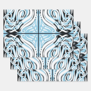 Blue Black White Curly Abstract Pattern  Wrapping Paper Sheet