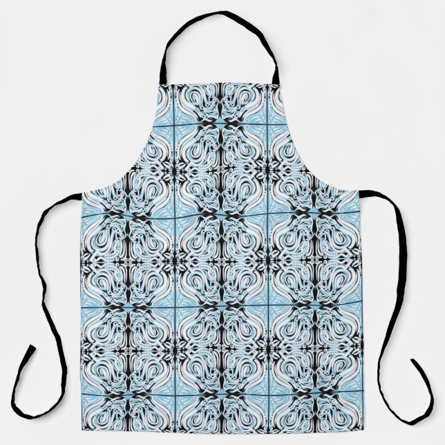Blue Black White Curly Abstract Repeat Pattern  Apron (Front)