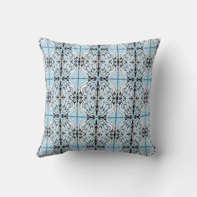 Blue Black White Curly Abstract Repeat Pattern  Throw Pillow (Back)