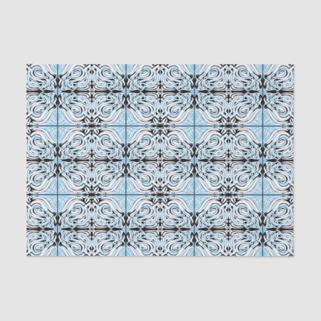 Blue Black White Curly Abstract Repeat Pattern  Tissue Paper (Front)