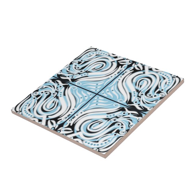 Blue Black White Curvy Abstract Pattern  Tile (Side)