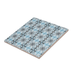 Blue Black White Curvy Abstract Repeat Pattern  Tile