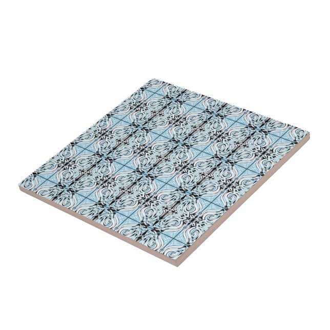 Blue Black White Curvy Abstract Repeat Pattern  Tile (Side)