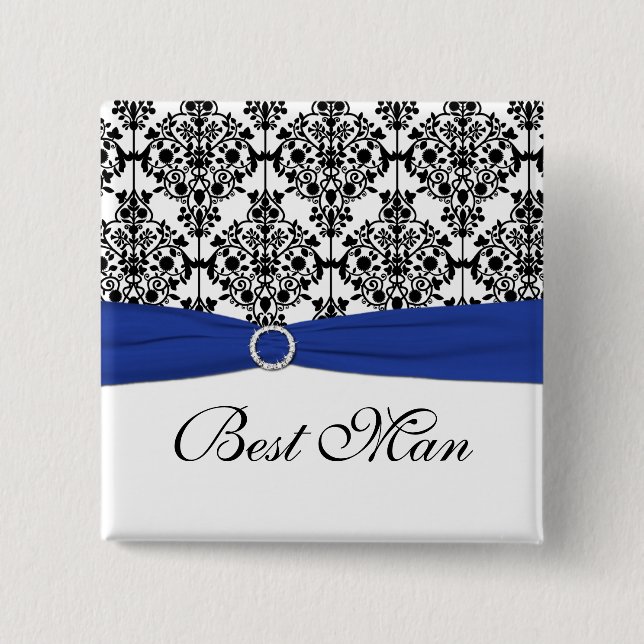 Blue Black White Damask Best Man Pin (Front)