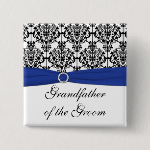 Blue Black White Damask Grandfather of the Groom 2 Inch Square Button