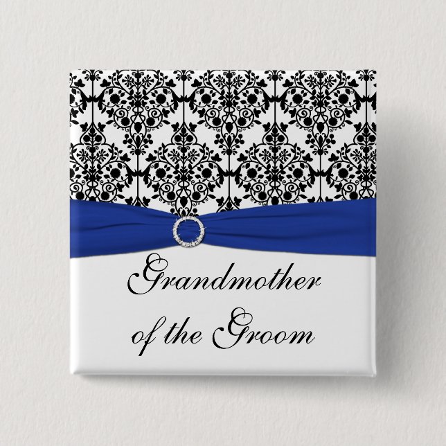 Blue Black White Damask Grandmother of the Groom 2 Inch Square Button (Front)