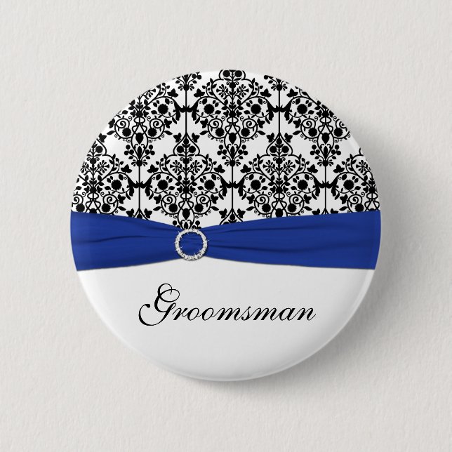 Blue Black White Damask Groomsman Pin (Front)