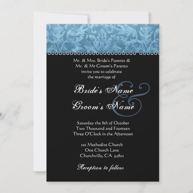 Blue Black White Damask Wedding Invitation (Front)