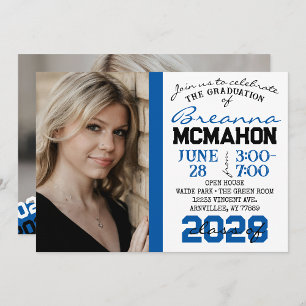 Blue, Black & White Graduation 2 Photo Invitation