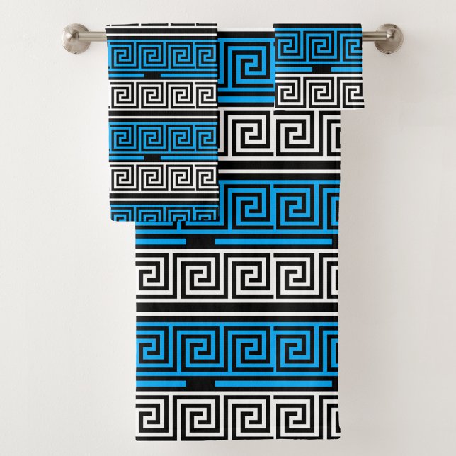 Blue Black White Greek Key Fret Pattern Design  Bath Towel Set (Creator Uploaded)