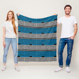 Blue Black White Greek Key Fret Pattern Design Fleece Blanket