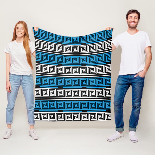 Blue Black White Greek Key Fret Pattern Design  Fleece Blanket (Creator Uploaded)