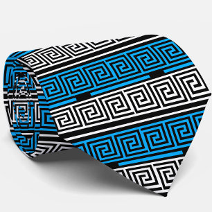 Blue Black White Greek Key Fret Pattern Design  Tie