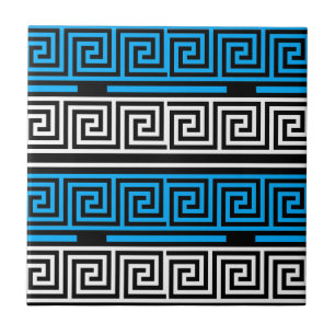 Blue Black White Greek Key Fret Pattern Design  Tile
