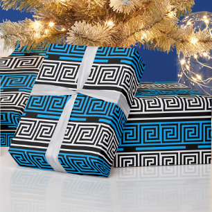 Blue Black White Greek Key Fret Pattern Design  Wrapping Paper