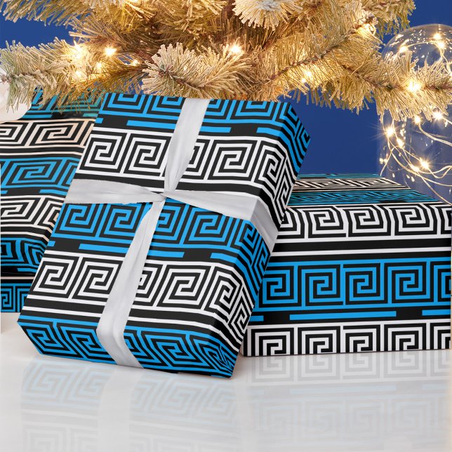 Blue Black White Greek Key Fret Pattern Design  Wrapping Paper (Creator Uploaded)