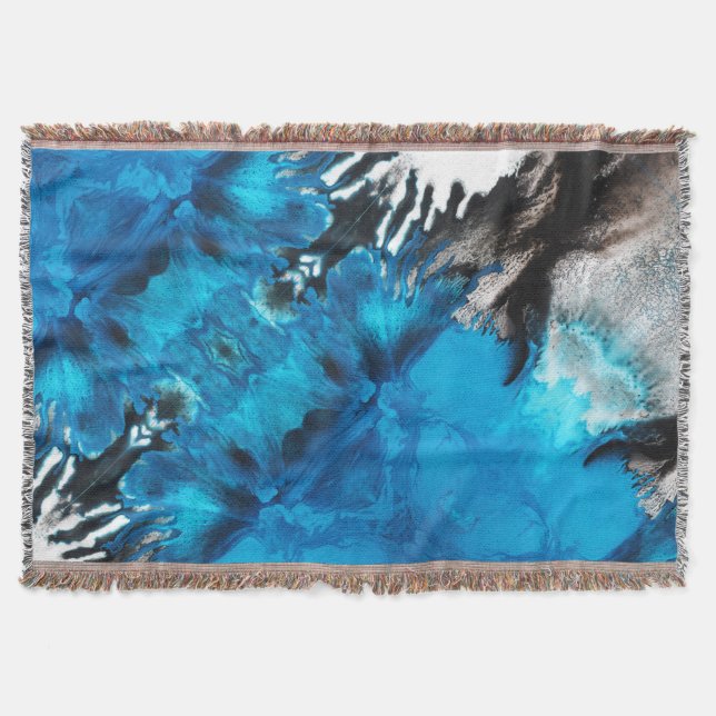 Blue Black White Grey Colour Paint Splash Abstract Throw Blanket (Front)