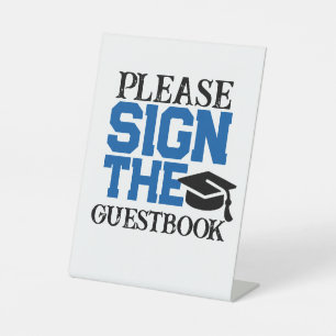 Blue, Black & White Guestbook Graduation Table Pedestal Sign