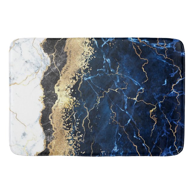 Blue Black White Marble Glam Bath Mat (Front)