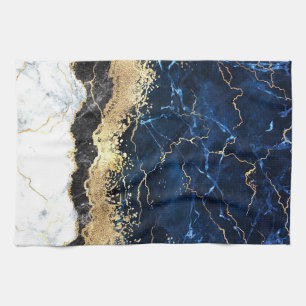 Blue Black White Marble Glam Kitchen Towel