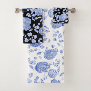 Blue Black White Modern Vintage Floral Toile Bath Towel Set