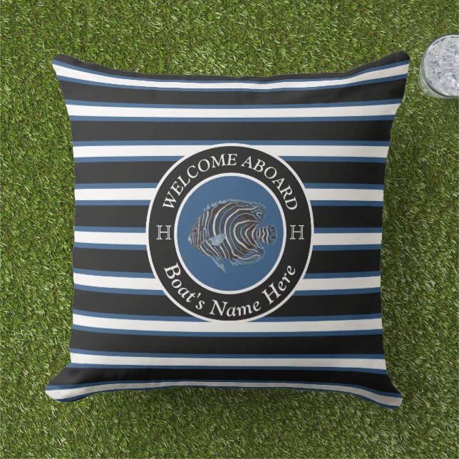 Blue Black White  Nautical Boat Name Fish Welcome Outdoor Pillow (Grass)