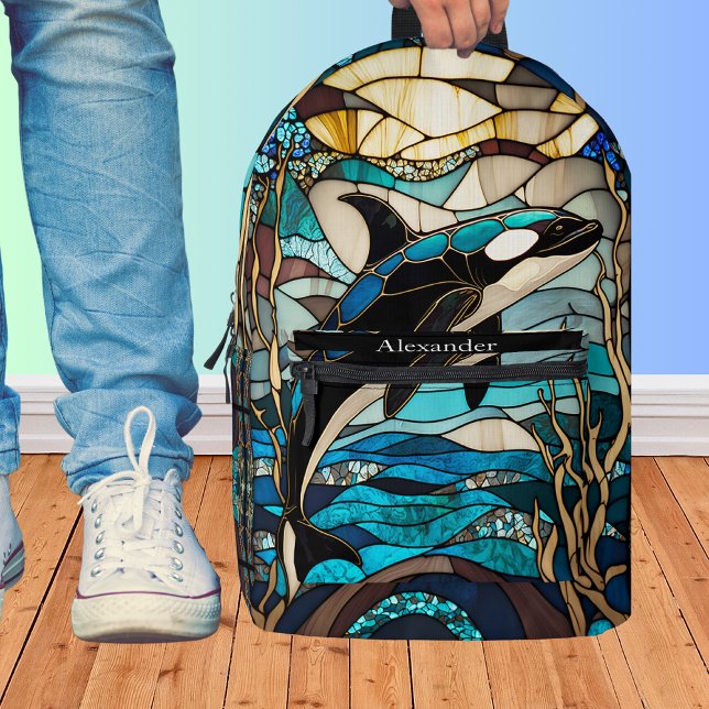 Blue Black White Orka Whale Stain Glass look  Printed Backpack (Creator Uploaded)