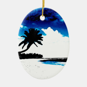 Blue Black White palm Tree Silhouette Ceramic Ornament